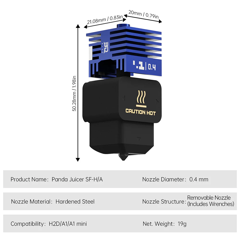BIQU Panda Juicer Hotend Standard Flow with 0.4/0.6/0.8mm Hardened Steel/VantaC Nozzle for Bambu Lab P2S/H2/A1/A1 mini - Image 6
